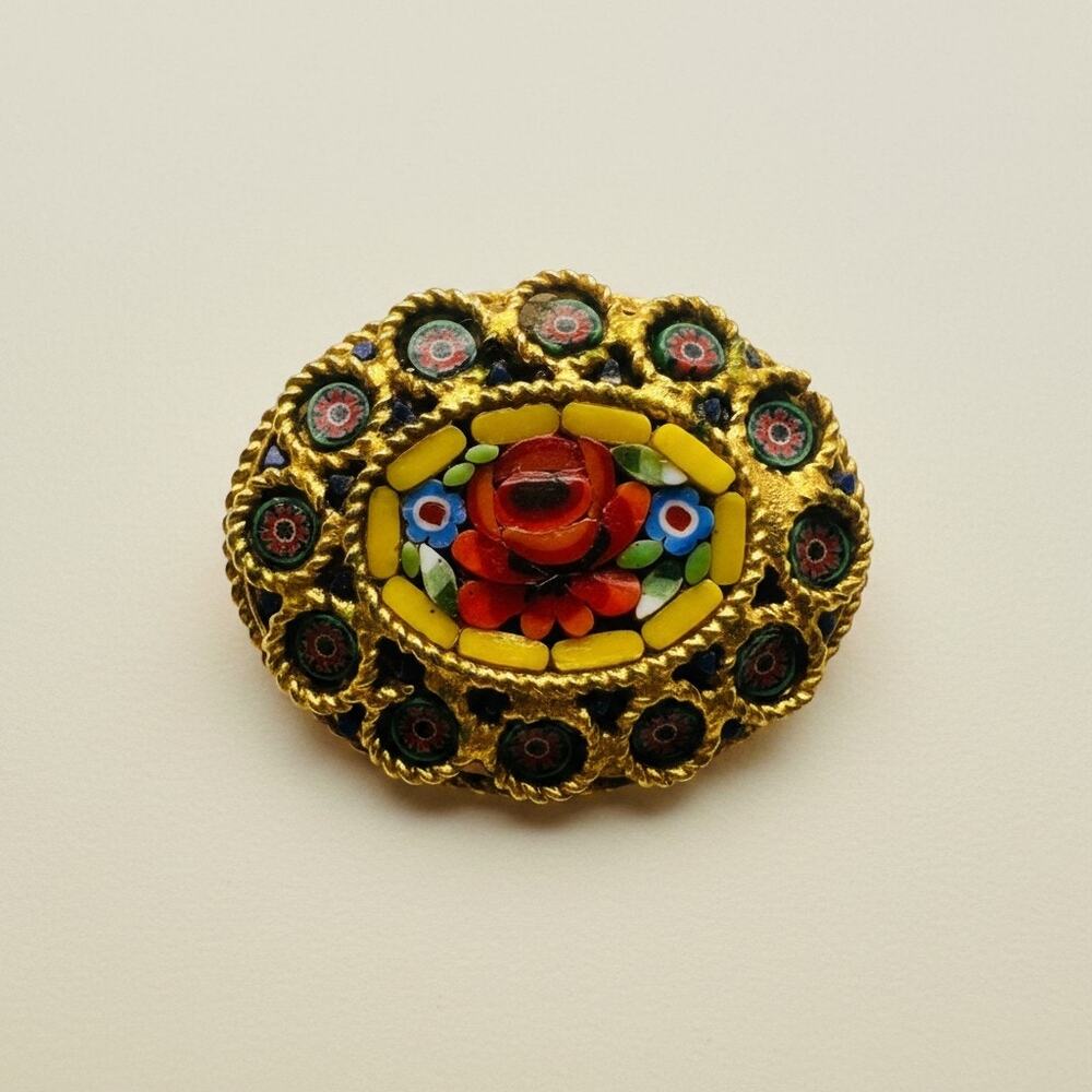 Vintage Italian Micro Mosaic Brooch-Gold Tone-Floral Millefiori Pin-Roman-Glass